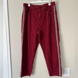 Anthropologie Maroon Embroidered Side Trim High Rise Tapered Chino Tuxedo Pants